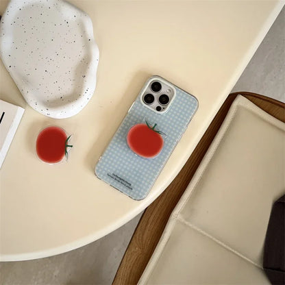 Korean Simplicity Blue grid Phone Case For iPhone 16 15 Pro 14 13 12 Pro Max Cover with Creative Tomatoe Stand Holder Cases Girl