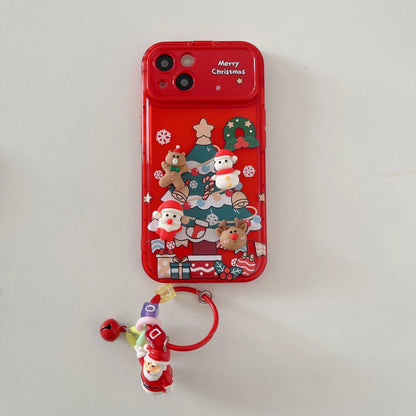 3D Christmas Stand Holder With Bell Pendant Phone Case For iPhone 17 16 15 14 13 12 11 Pro Max Plus Santa Claus Keychain Cover