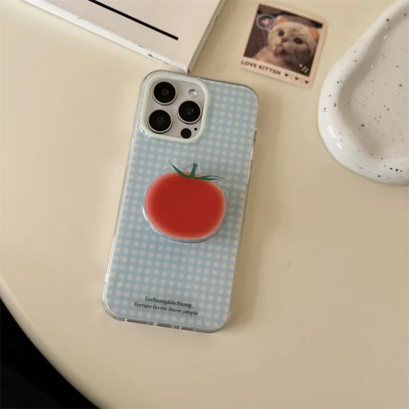 Korean Simplicity Blue grid Phone Case For iPhone 16 15 Pro 14 13 12 Pro Max Cover with Creative Tomatoe Stand Holder Cases Girl