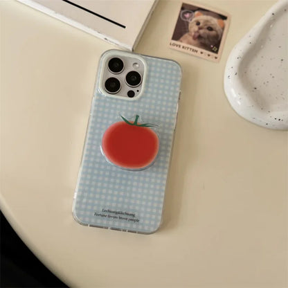 Korean Simplicity Blue grid Phone Case For iPhone 16 15 Pro 14 13 12 Pro Max Cover with Creative Tomatoe Stand Holder Cases Girl