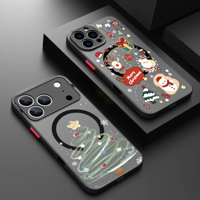 Christmas Pattern Magnetic Phone Case For iPhone Air 16e 17 16 15 Pro Max 14 13 12 Pro 11 16 Plus Shockproof Acrylic Matte Cover