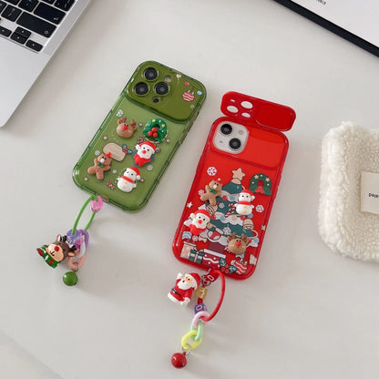3D Christmas Stand Holder With Bell Pendant Phone Case For iPhone 17 16 15 14 13 12 11 Pro Max Plus Santa Claus Keychain Cover