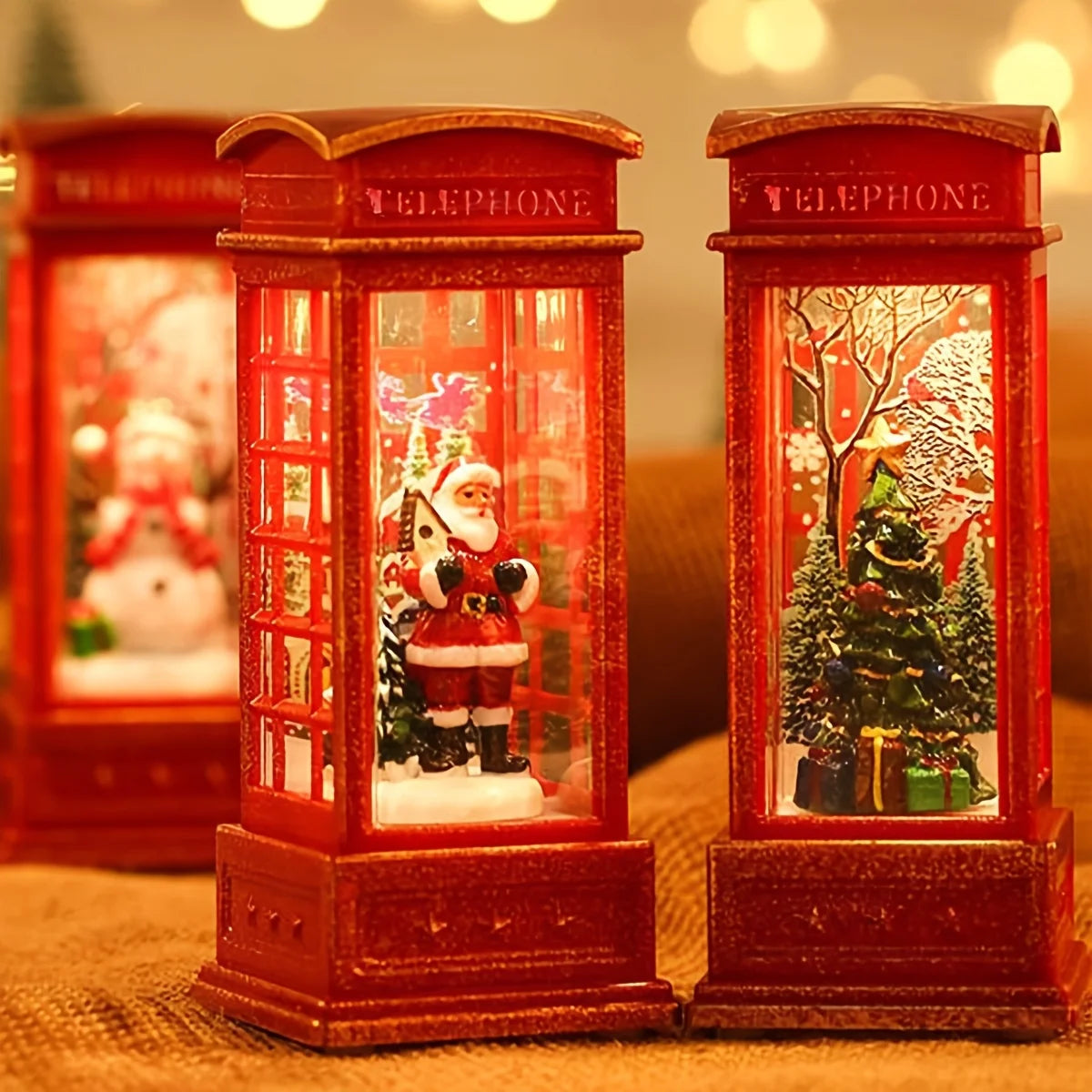 Christmas Phone Booth Decoration with Santa Claus, Snowman & Tree - Red Retro Telephone Booth Ornament With Light Home Decorator
