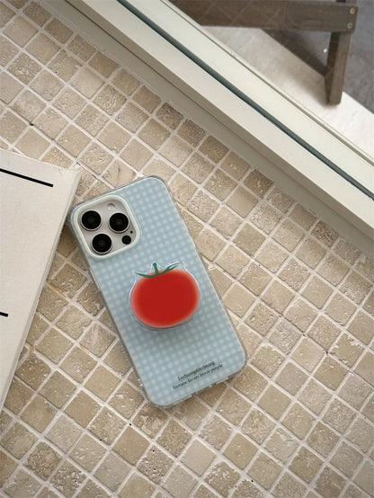 Korean Simplicity Blue grid Phone Case For iPhone 16 15 Pro 14 13 12 Pro Max Cover with Creative Tomatoe Stand Holder Cases Girl