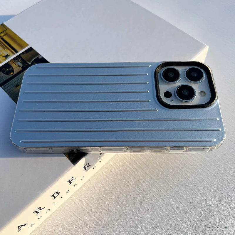Stylish Business Luggage Phone Case For iPhone 16 15 14 13 12 11 Pro Max 16Plus 15Pro 14Plus Cover Hard 3D Stripe Silver Case