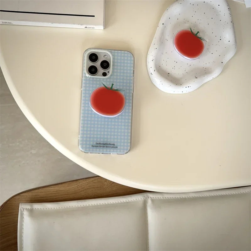 Korean Simplicity Blue grid Phone Case For iPhone 16 15 Pro 14 13 12 Pro Max Cover with Creative Tomatoe Stand Holder Cases Girl