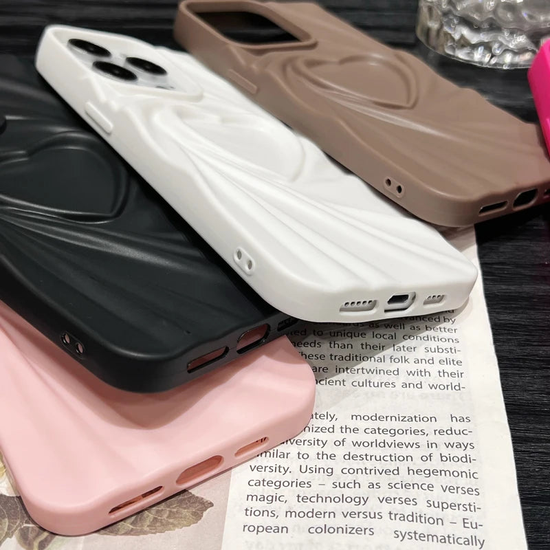 Fashion Fold Wrinkle 3D Love Heart Phone Case For iPhone 13 14 15 Pro Max 16 Plus 11 12 17 ProMax Soft Matte Silicone Full Cover