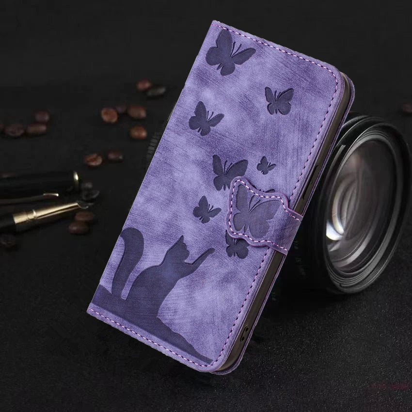 i Phone 17 Flip Case for Coque iPhone 15 16 14 13 12 11 Pro Max iPhon 15 Plus Cases Cute Cat Butterfly Leather Wallet Back Cover