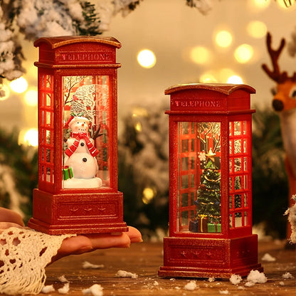 Christmas Phone Booth Decoration with Santa Claus, Snowman & Tree - Red Retro Telephone Booth Ornament With Light Home Decorator
