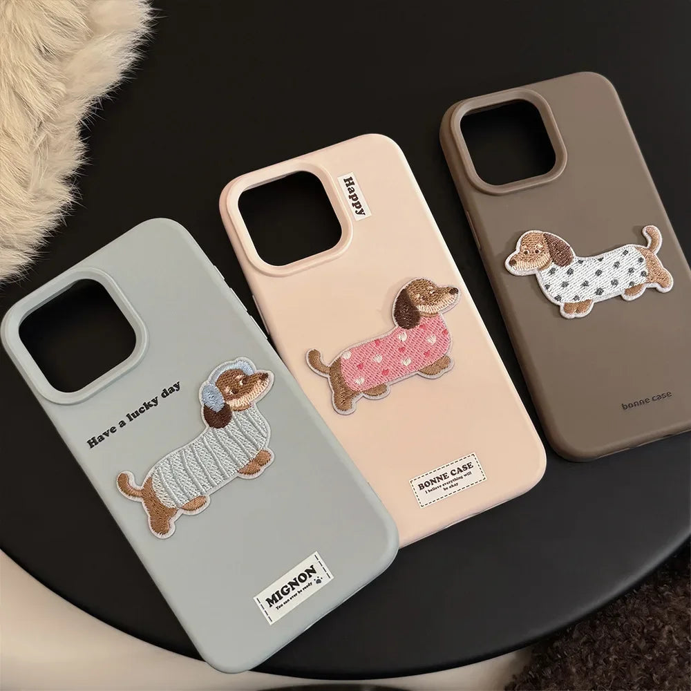 Cute Brown Blue Pink Phone Cases for iPhone 16 Plus Pro Max 15 14 13 12 Cartoon Embroidery Puppy Protective Phone Covers
