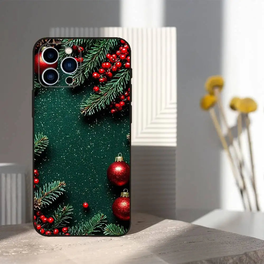 Christmas Art Decorations Phone Case For iPhone 16,15,14,13,12,11 Plus,Pro Max,XS,X,XR,SE,Mini,8,7,Soft Silicone Black Cover