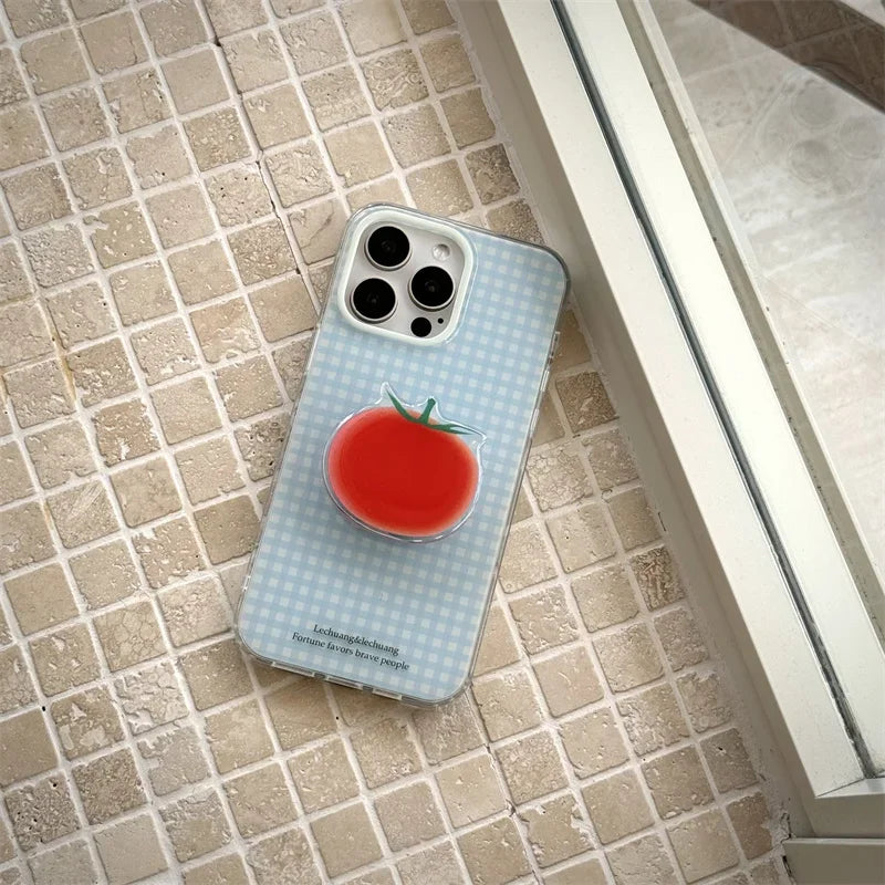 Korean Simplicity Blue grid Phone Case For iPhone 16 15 Pro 14 13 12 Pro Max Cover with Creative Tomatoe Stand Holder Cases Girl