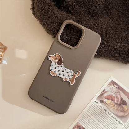 Cute Brown Blue Pink Phone Cases for iPhone 16 Plus Pro Max 15 14 13 12 Cartoon Embroidery Puppy Protective Phone Covers