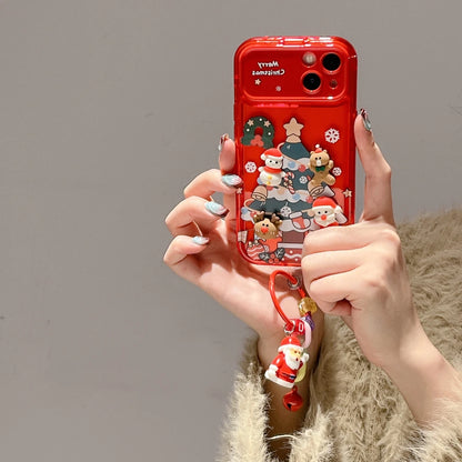 3D Christmas Stand Holder With Bell Pendant Phone Case For iPhone 17 16 15 14 13 12 11 Pro Max Plus Santa Claus Keychain Cover
