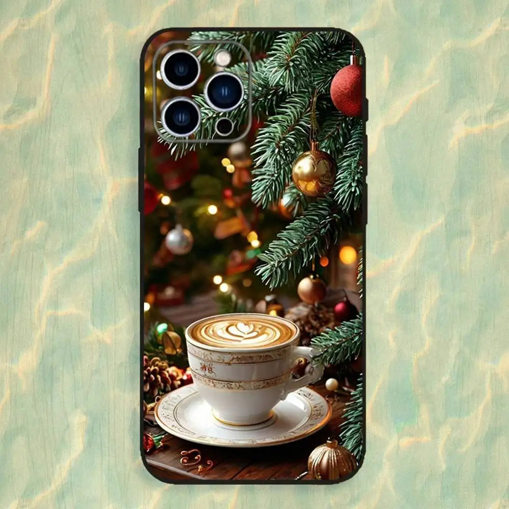 Christmas Coffee Cafe Phone Case For iPhone 16,15,14,13,12,11 Plus,Pro Max,XS,X,XR,SE,Mini,8,7,Soft Silicone Black Cover