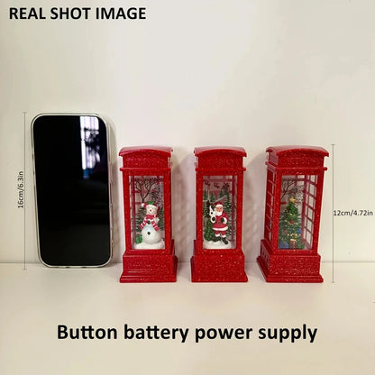 Christmas Phone Booth Decoration with Santa Claus, Snowman & Tree - Red Retro Telephone Booth Ornament With Light Home Decorator