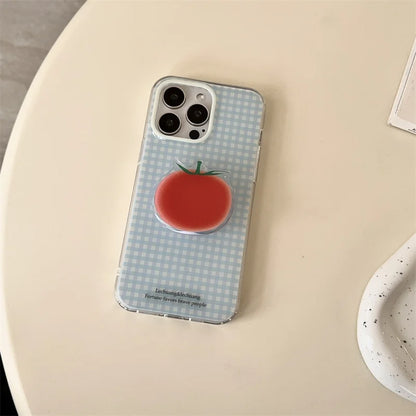 Korean Simplicity Blue grid Phone Case For iPhone 16 15 Pro 14 13 12 Pro Max Cover with Creative Tomatoe Stand Holder Cases Girl
