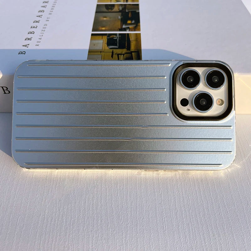 Stylish Business Luggage Phone Case For iPhone 16 15 14 13 12 11 Pro Max 16Plus 15Pro 14Plus Cover Hard 3D Stripe Silver Case