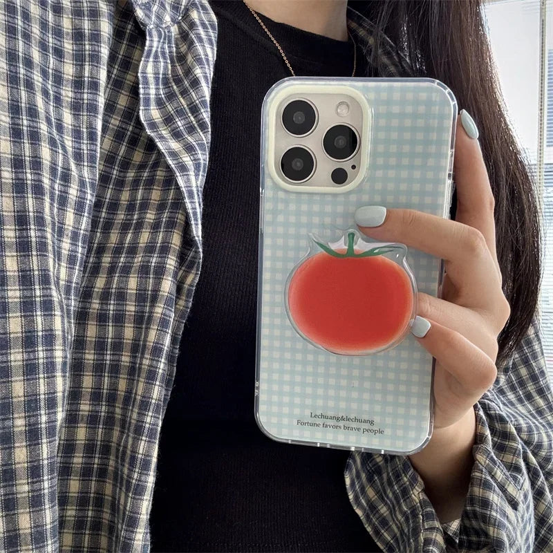 Korean Simplicity Blue grid Phone Case For iPhone 16 15 Pro 14 13 12 Pro Max Cover with Creative Tomatoe Stand Holder Cases Girl