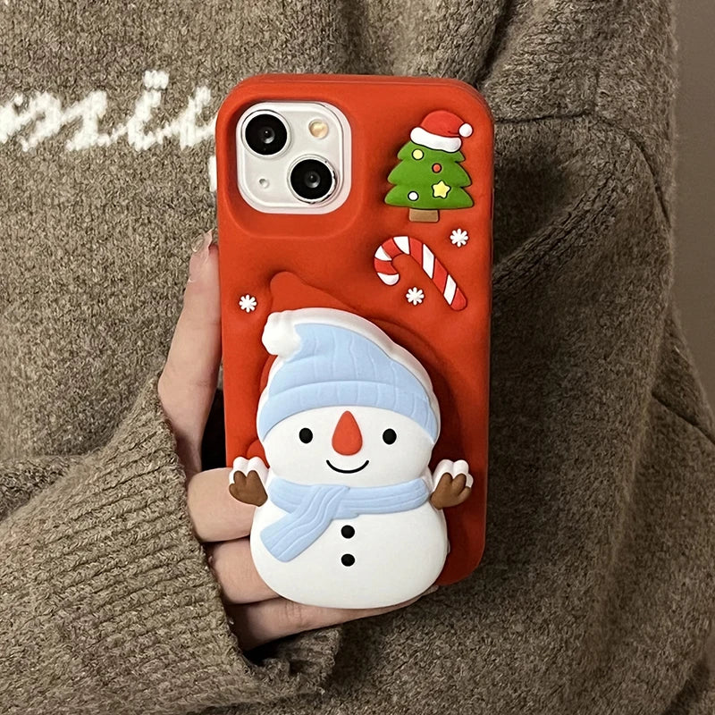 Christmas Tree Cute 3D Snowman Holder Stand Phone Case For iPhone 17 Pro Max 16 15 14 13 Air Shockproof Soft Silicone Back Cover