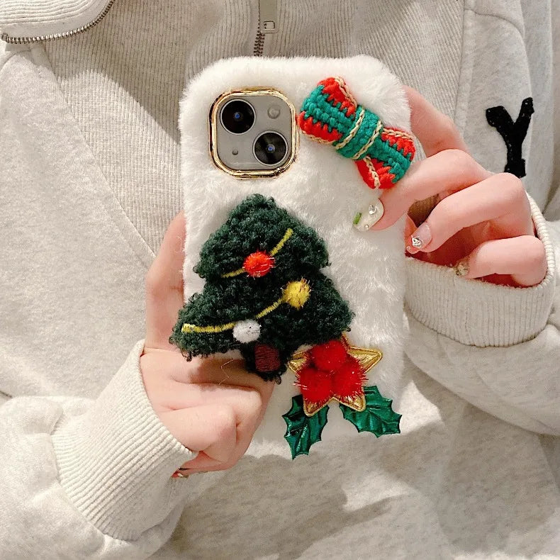 Plush Christmas Snowman Phone Cases Cute  IPhone 16 12 13 14 15Pro XR X Xs Max Mini 7 8 Case 3D Furry Bunny Fur Back Cover Funda