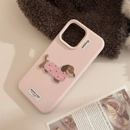 Cute Brown Blue Pink Phone Cases for iPhone 16 Plus Pro Max 15 14 13 12 Cartoon Embroidery Puppy Protective Phone Covers