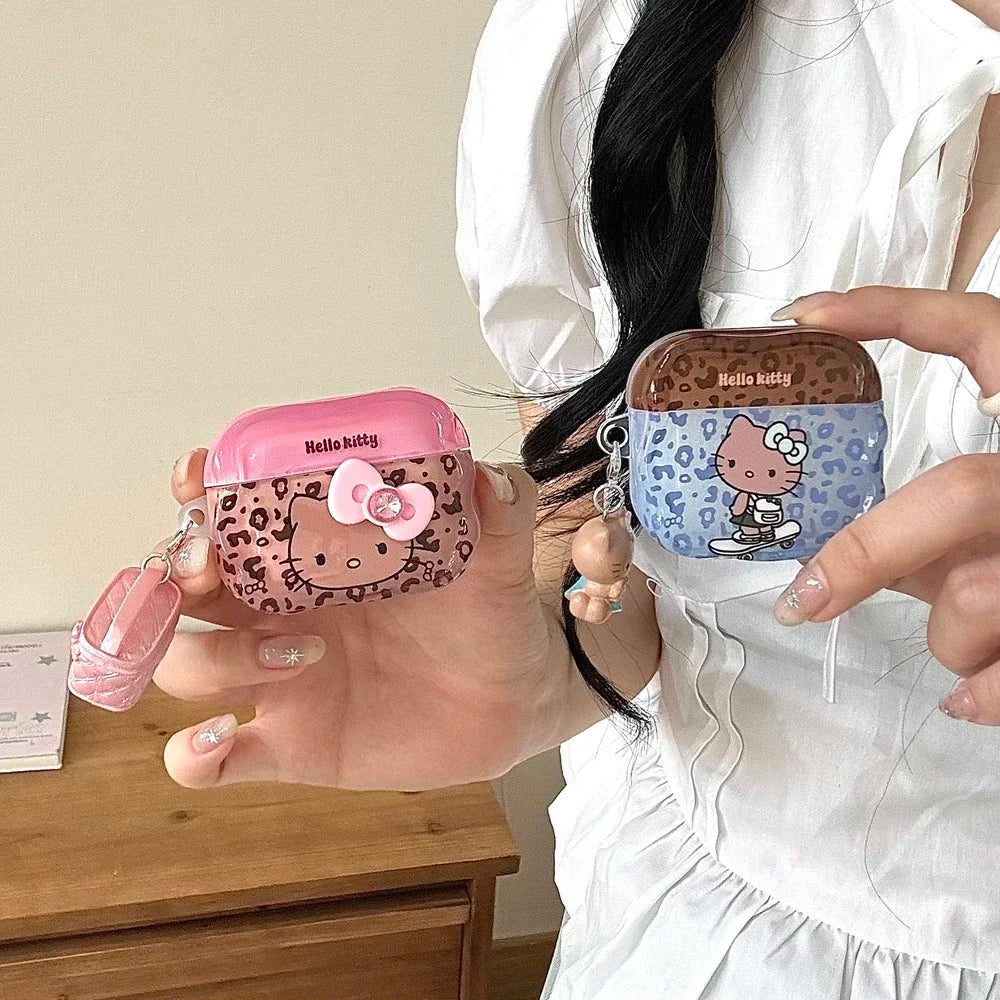 Earphone Case For Airpods 1 2 3 4 Pro 2 Cute Sanrio Hello Kitty leopard Print Wireless Bluetooth Headset Protective Soft Cover