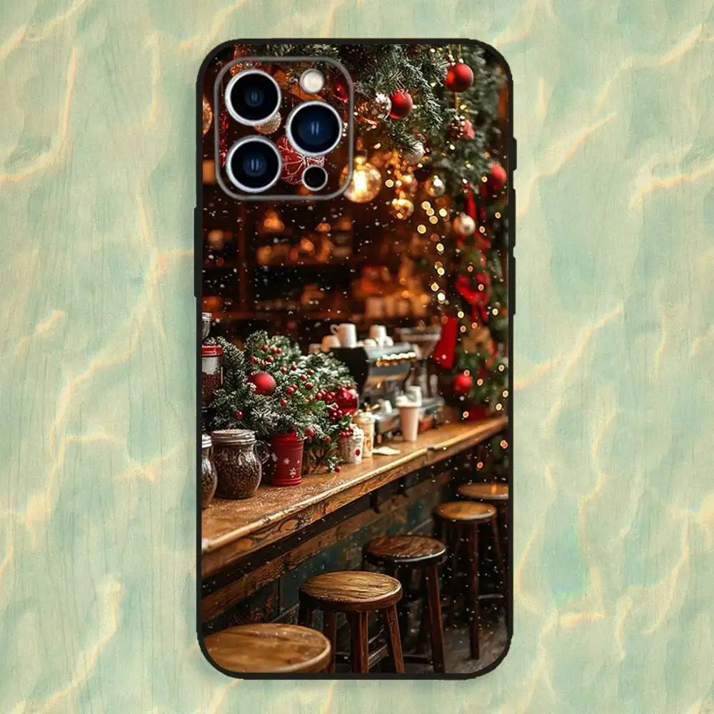 Christmas Coffee Cafe Phone Case For iPhone 16,15,14,13,12,11 Plus,Pro Max,XS,X,XR,SE,Mini,8,7,Soft Silicone Black Cover