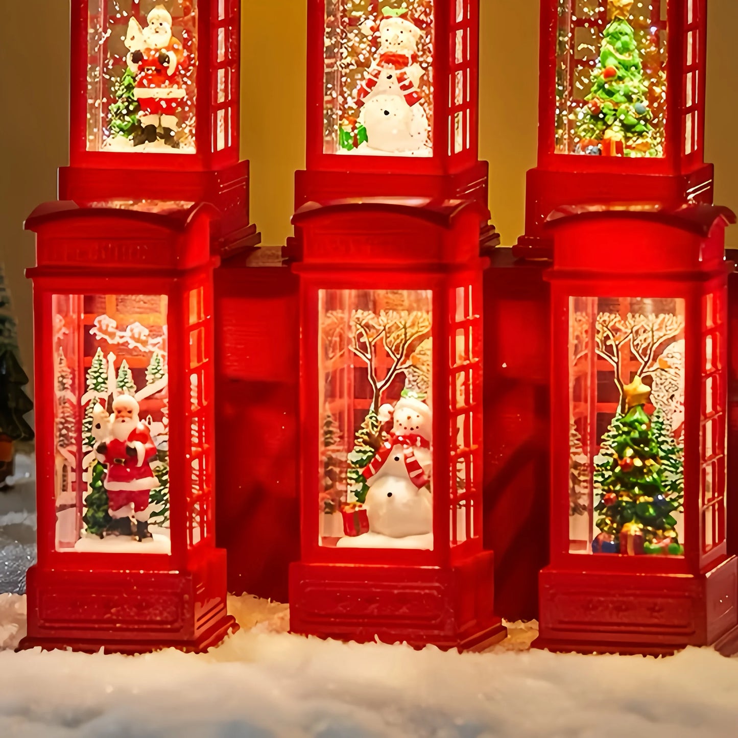 Christmas Phone Booth Decoration with Santa Claus, Snowman & Tree - Red Retro Telephone Booth Ornament With Light Home Decorator