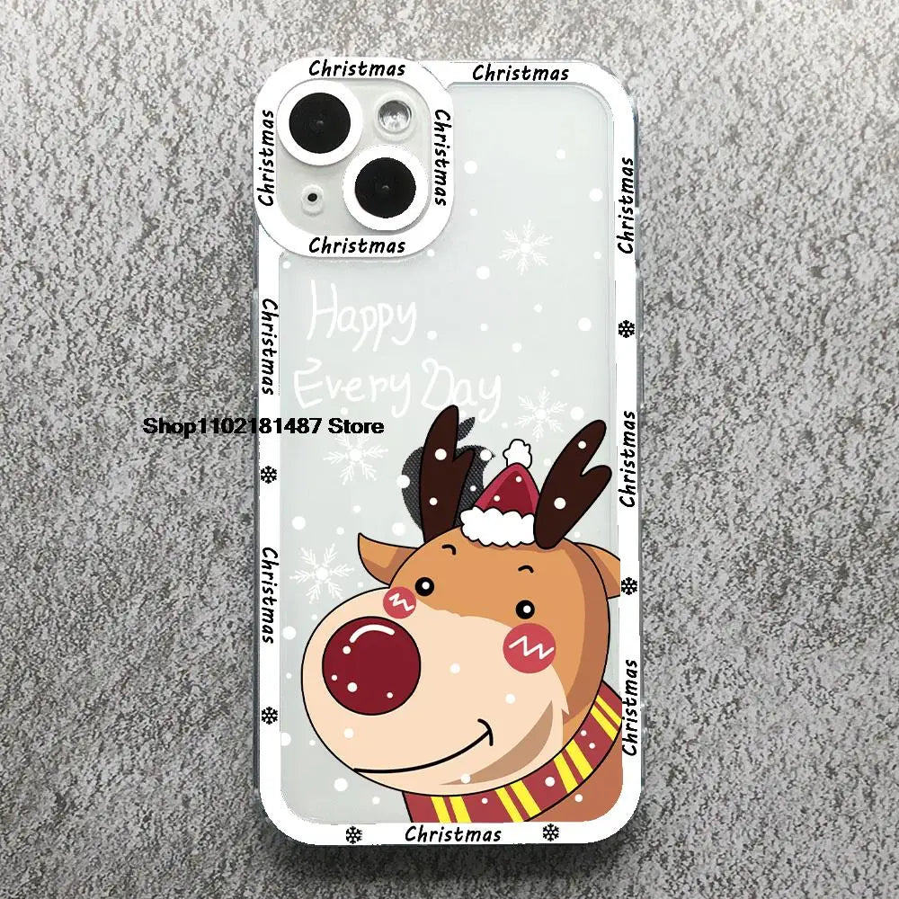 Cartoon New Year Christmas Phone Case For iPhone 13 12 11 14 15 16 17 Pro Max 16Plus 17AIR Cute elk santa Clear Soft bumper Case