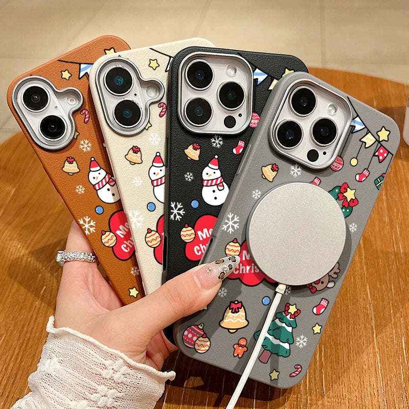 Christmas Snowman Phone Case For Magsafe For iPhone 16 15 Pro Max 14 Plus 13 12 Pro Max 11 Luxury Leather Texture Soft TPU Cover