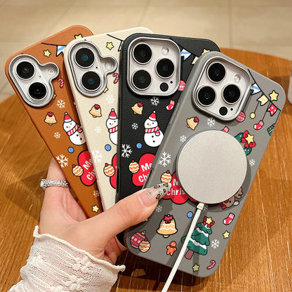 Christmas Snowman Phone Case For Magsafe For iPhone 16 15 Pro Max 14 Plus 13 12 Pro Max 11 Luxury Leather Texture Soft TPU Cover
