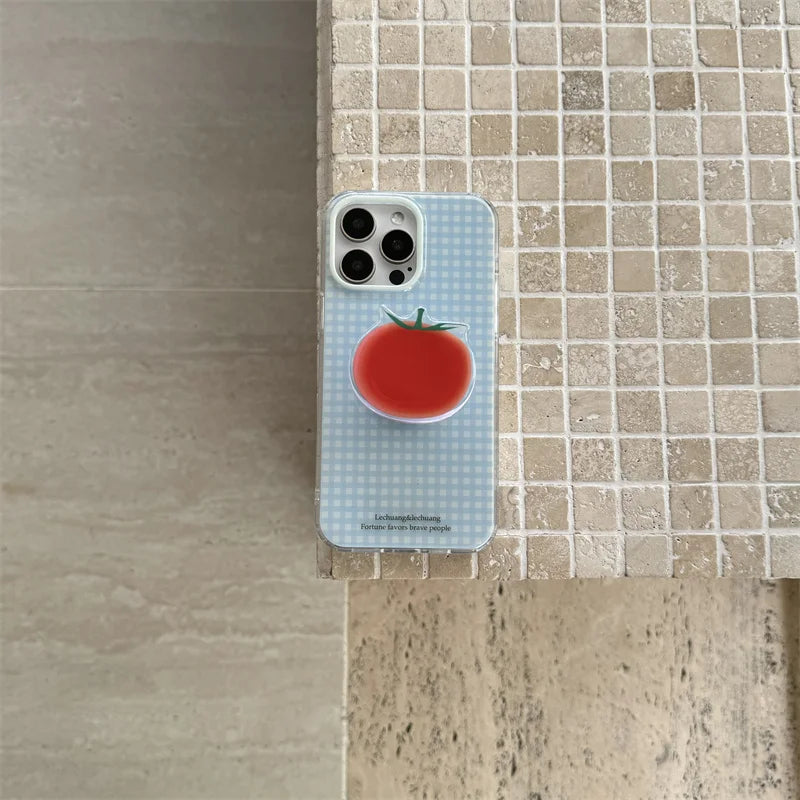 Korean Simplicity Blue grid Phone Case For iPhone 16 15 Pro 14 13 12 Pro Max Cover with Creative Tomatoe Stand Holder Cases Girl
