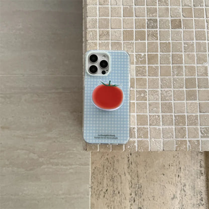 Korean Simplicity Blue grid Phone Case For iPhone 16 15 Pro 14 13 12 Pro Max Cover with Creative Tomatoe Stand Holder Cases Girl
