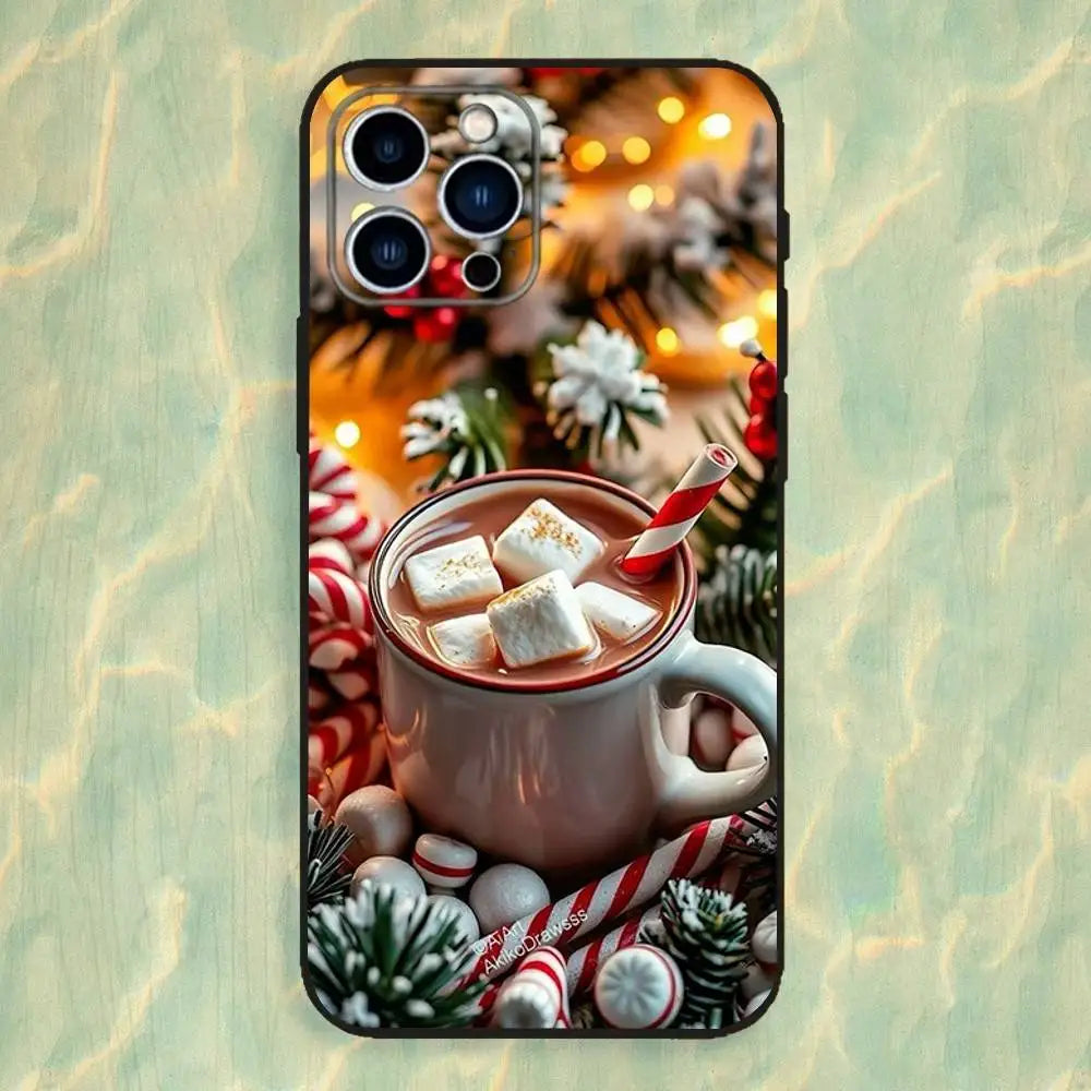 Christmas Coffee Cafe Phone Case For iPhone 16,15,14,13,12,11 Plus,Pro Max,XS,X,XR,SE,Mini,8,7,Soft Silicone Black Cover