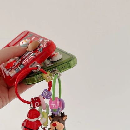 3D Christmas Stand Holder With Bell Pendant Phone Case For iPhone 17 16 15 14 13 12 11 Pro Max Plus Santa Claus Keychain Cover